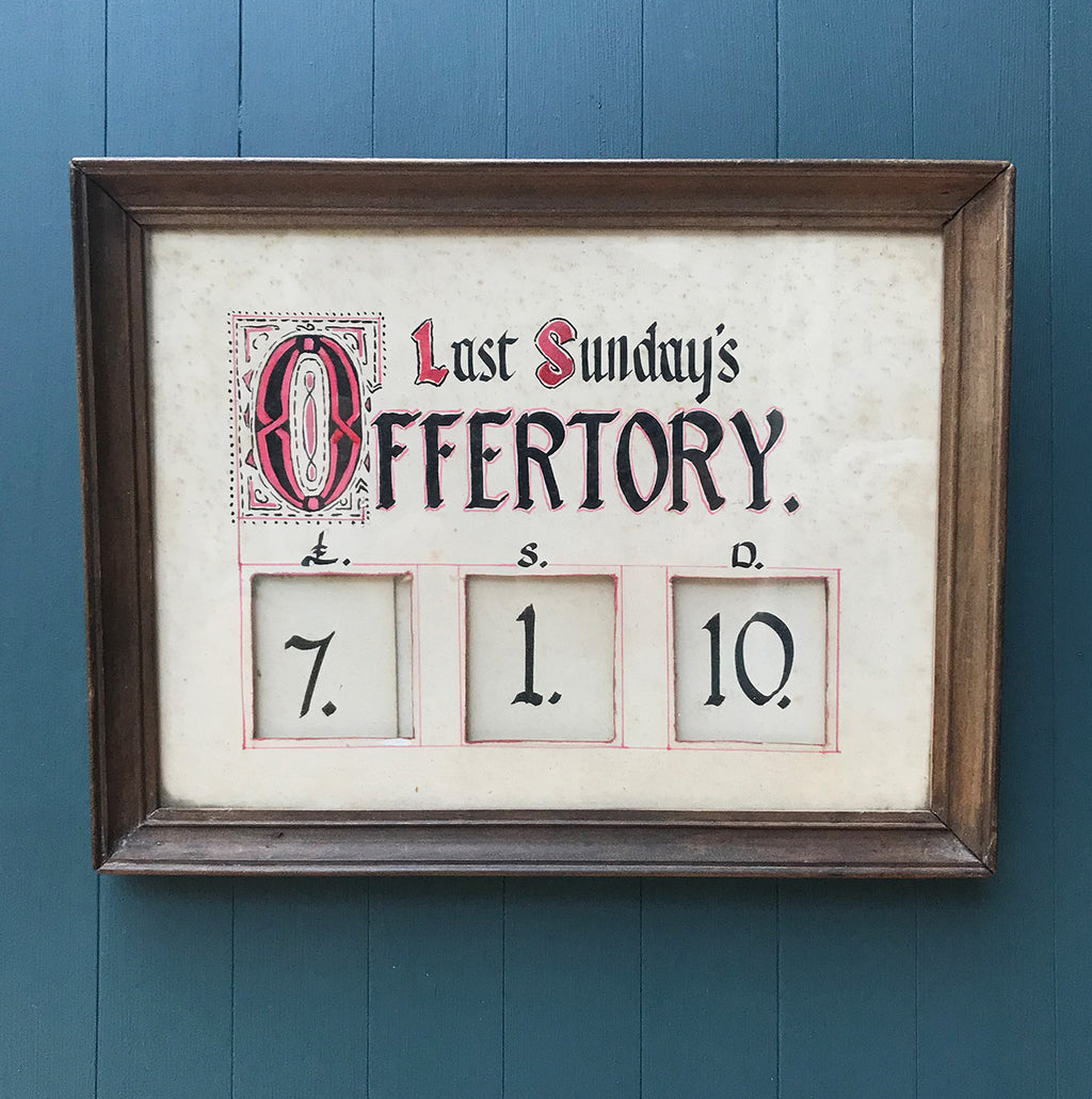 From a church in Leigh on Sea church, this Offertory would have hung on the wall showing the amount of money that was last collected. Hand drawn and coloured on the front with little pockets on the back allow for different amounts to be slotted in - SHOP NOW - www.intovintage.co.uk