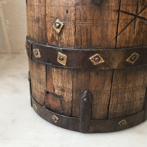 A true surviver this. A loved wooden vessel that has been very well looked after over the years. Hand made from oak, steel and brass. It has 3 steel handmade rings with handmade nails and crude squarish brass washers holding together the oak slats - SHOP NOW - www.intovintage.co.uk