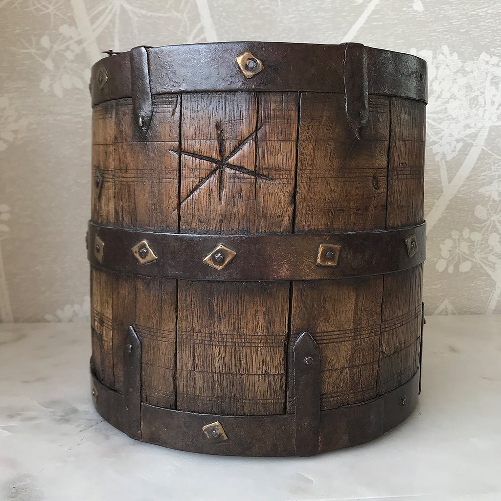 A true surviver this. A loved wooden vessel that has been very well looked after over the years. Hand made from oak, steel and brass. It has 3 steel handmade rings with handmade nails and crude squarish brass washers holding together the oak slats - SHOP NOW - www.intovintage.co.uk
