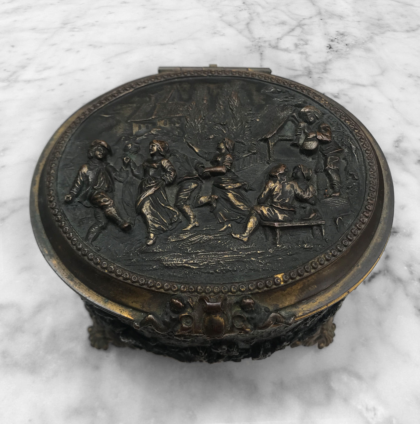 Fine good quality Gilt French Jewellery box by A.B Paris, decorated with high relief figural panels of 18thC scenes, that over time has developed an attractive dark patina - BUY NOW - www.intovintage.co.uk