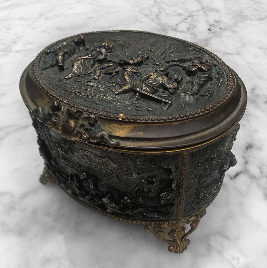 Fine good quality Gilt French Jewellery box by A.B Paris, decorated with high relief figural panels of 18thC scenes, that over time has developed an attractive dark patina - BUY NOW - www.intovintage.co.uk