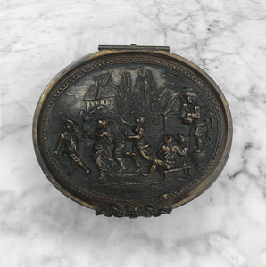 Fine good quality Gilt French Jewellery box by A.B Paris, decorated with high relief figural panels of 18thC scenes, that over time has developed an attractive dark patina - BUY NOW - www.intovintage.co.uk