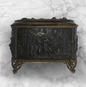 Fine good quality Gilt French Jewellery box by A.B Paris, decorated with high relief figural panels of 18thC scenes, that over time has developed an attractive dark patina - BUY NOW - www.intovintage.co.uk