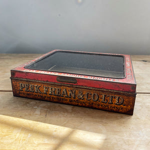 A Peak Frean & Co Biscuit Tin Lid with glass top display window. Original glass and fantastic aged patina to graphics - SHOP NOW - www.intovintage.co.uk