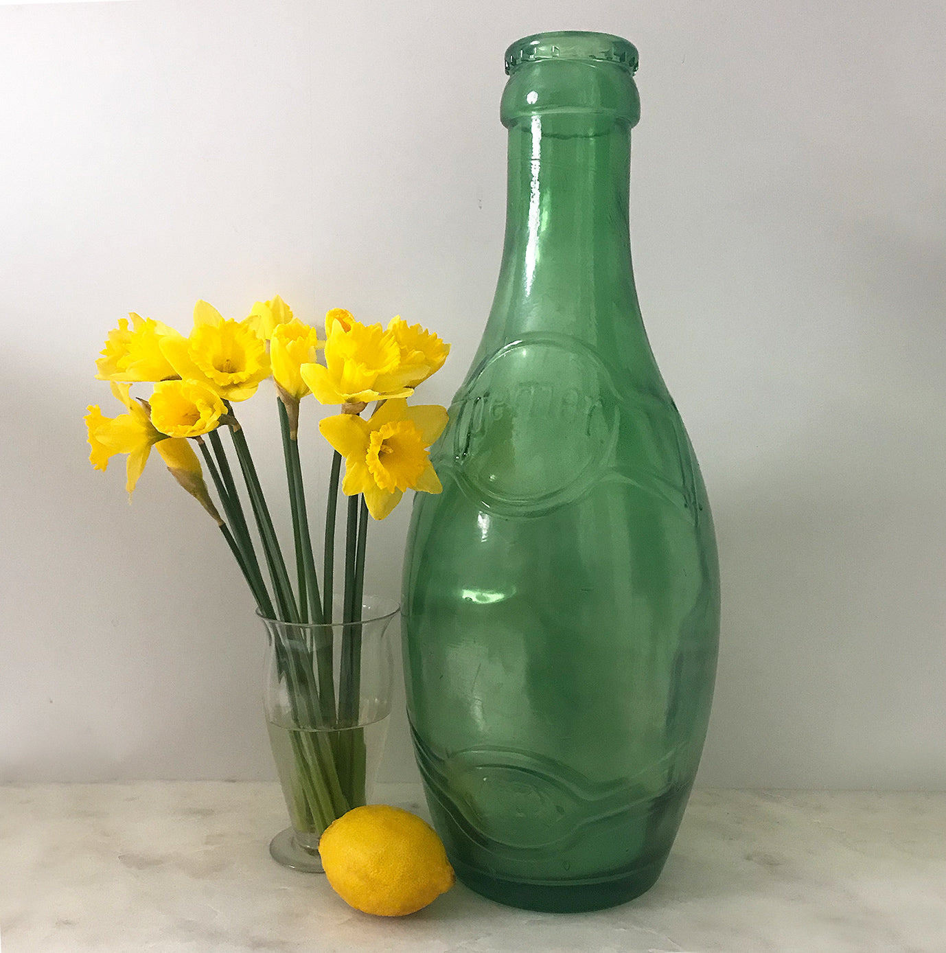 Huge, great big Perrier Glass Advertising Bottle measuring a whopping 51cm tall! Great decorators piece or somewhere cool to keep your cash - SHOP NOW - www.intovintage.co.uk