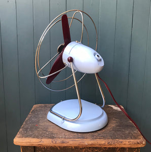 Ideal for the coming summer months, this stylish Pifco fan is finished in a pale blue and burgundy with chrome trim. A very handy size and ideal for a desk - SHOP NOW - www.intovintage.co.uk