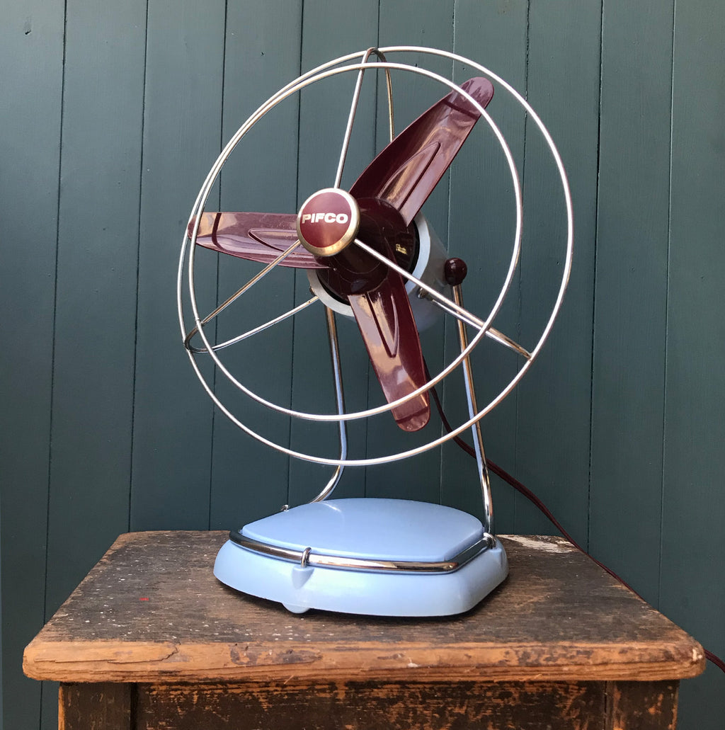 Ideal for the coming summer months, this stylish Pifco fan is finished in a pale blue and burgundy with chrome trim. A very handy size and ideal for a desk - SHOP NOW - www.intovintage.co.uk