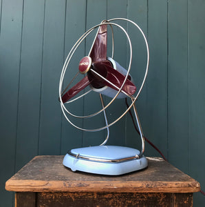 Ideal for the coming summer months, this stylish Pifco fan is finished in a pale blue and burgundy with chrome trim. A very handy size and ideal for a desk - SHOP NOW - www.intovintage.co.uk