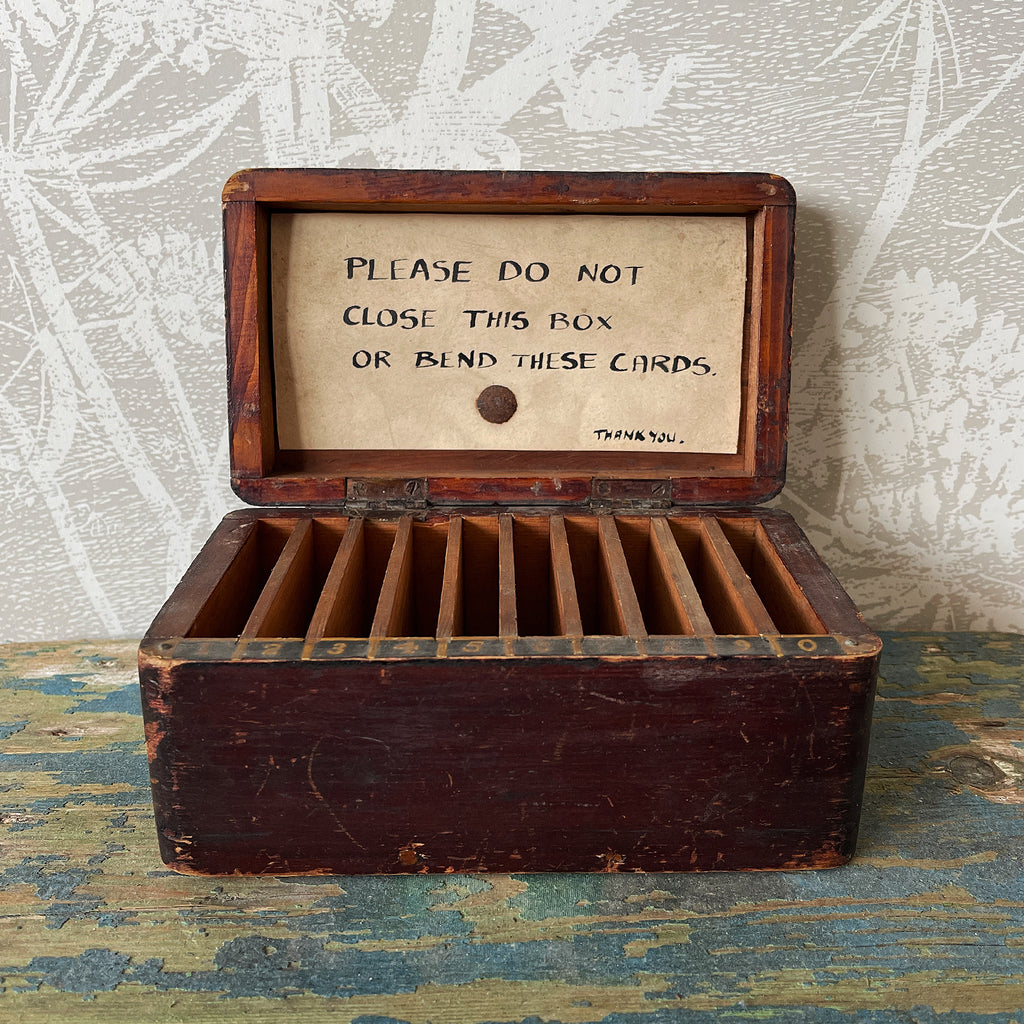 You have been warned! Do not close this box or bend the cards!!! With numbers from 1 to 10 painted in front of the slats along the front, we are not too sure what these or this curious box was used for but it's charming none the less - SHOP NOW - www.intovintage.co.uk