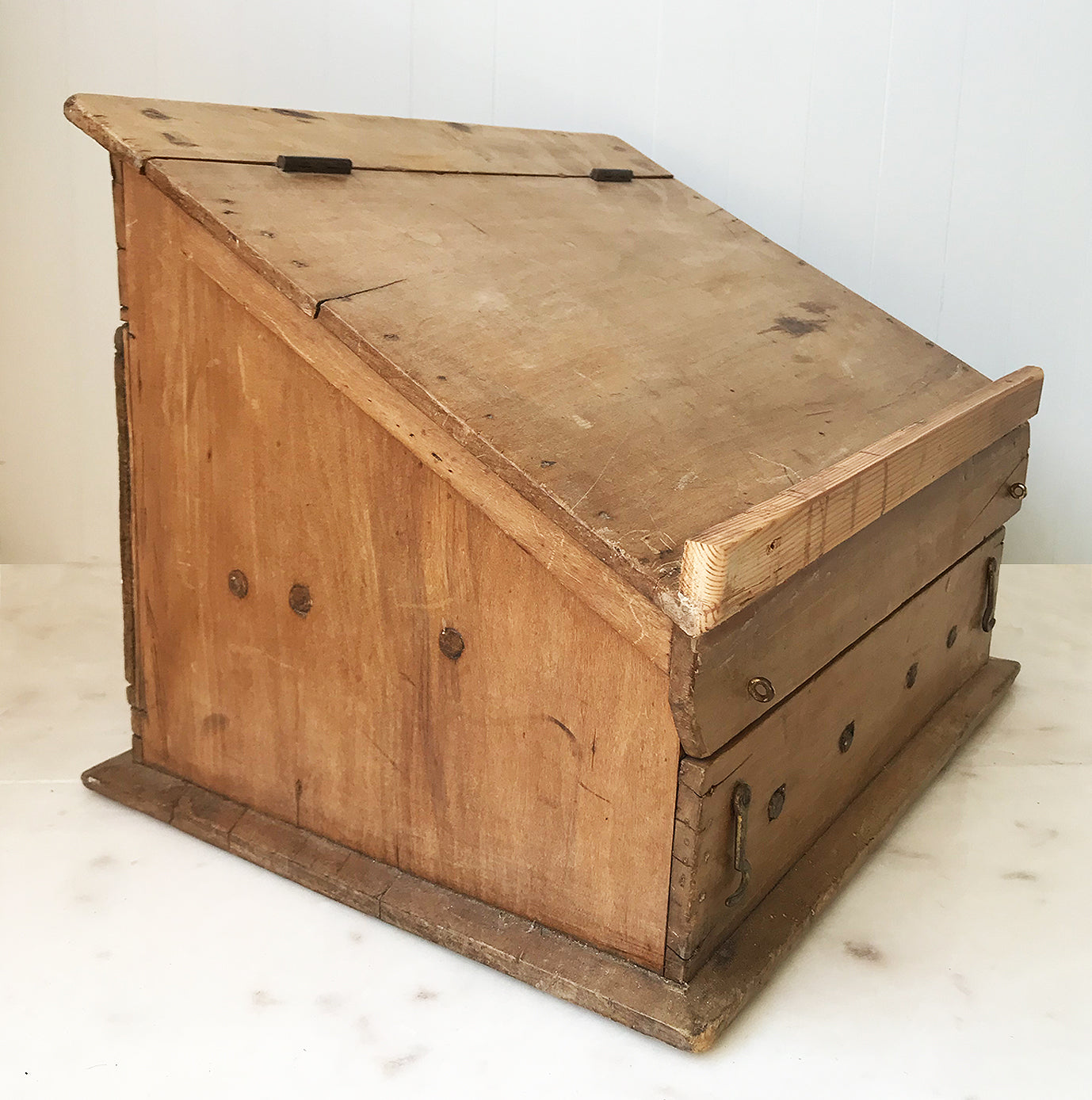 Practical Vintage Scratch Built Reading Slope Box made from pine. Flip the brass catches on the front and the slope lifts up lid so you can store things inside. It has a great rustic look and would look great in a farmhouse kitchen - SHOP NOW - www.intovintage.co.uk
