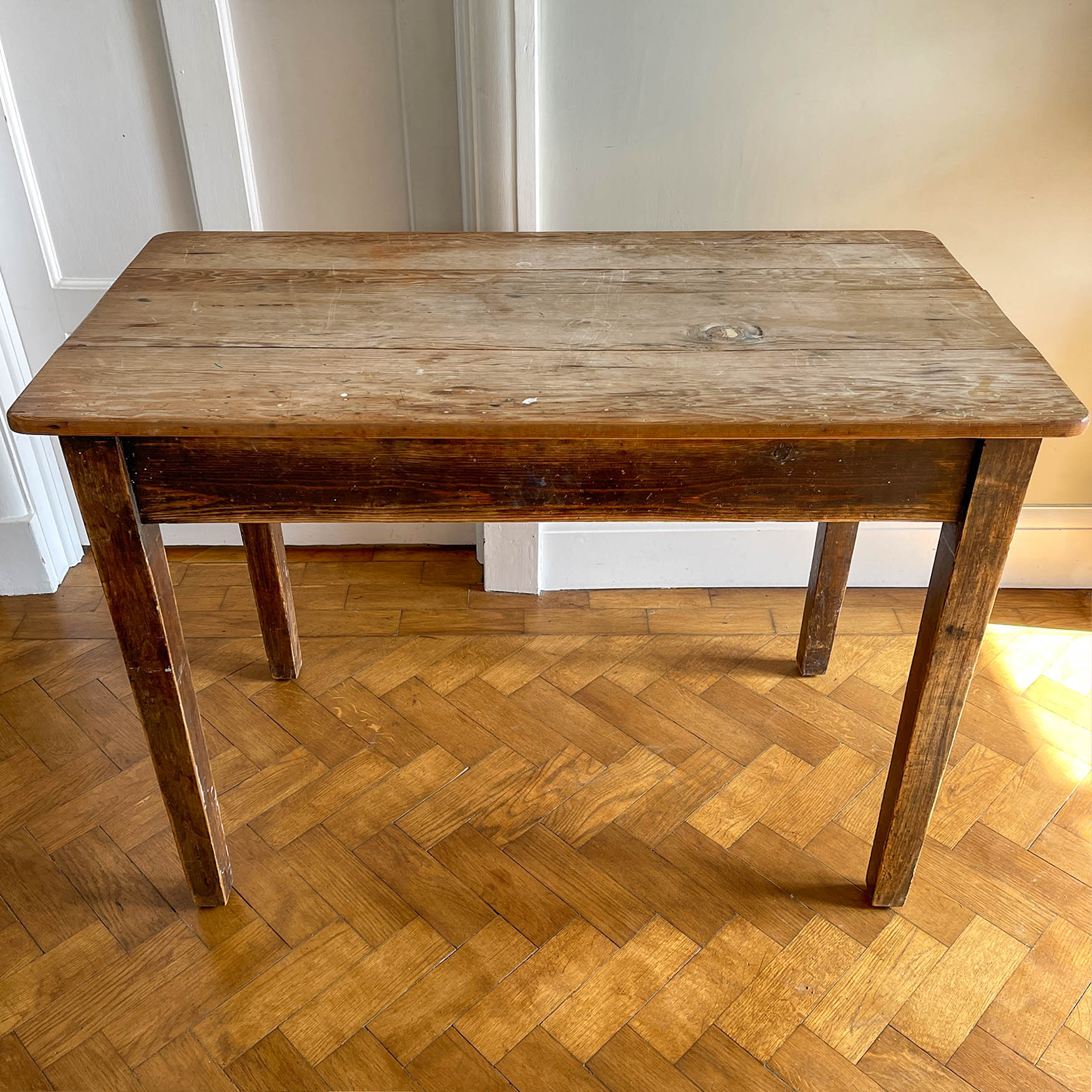 An Antique Rustic Pine Kitchen Table with handy draw and a superb age worn top. It sits upon four simple legs. It's just got that bang on look. - SHOP NOW - www.intovintage.co.uk
