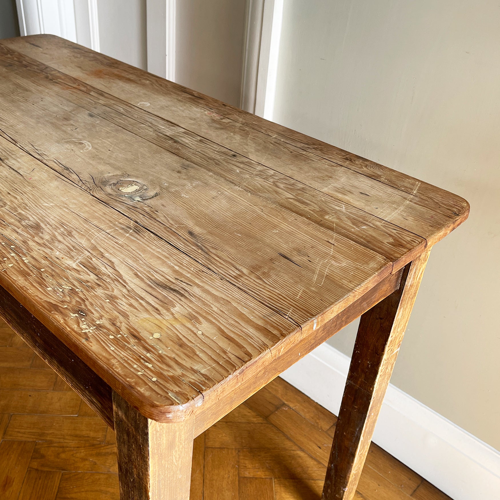 An Antique Rustic Pine Kitchen Table with handy draw and a superb age worn top. It sits upon four simple legs. It's just got that bang on look. - SHOP NOW - www.intovintage.co.uk