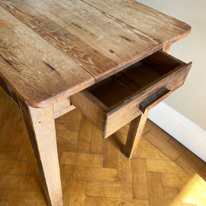 An Antique Rustic Pine Kitchen Table with handy draw and a superb age worn top. It sits upon four simple legs. It's just got that bang on look. - SHOP NOW - www.intovintage.co.uk