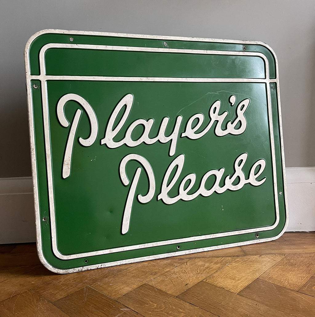 A vintage Player's Please metal sign in the rarer green colour. The type is debossed out of the green background. It has a double white border. Nice and clean and ready for the wall - SHOP NOW - www.intovintage.co.uk