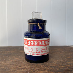 A Vintage Blue Glass White Precipitate Poison Apothecary Bottle. It has a blue glass body with clear glass stopper. These bottles look great displayed in the bathroom or in a curio cabinet. 