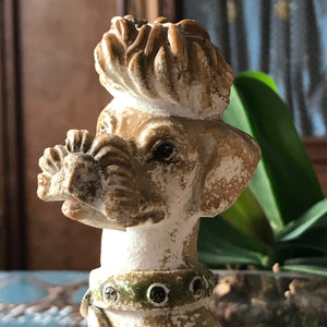 Fancy French Poodle with the most amazing patina on his coat. Standing proud with a green studded collar and name tag with 'VI' on it. He is one cool dog - SHOP NOW - www.intovintage.co.uk