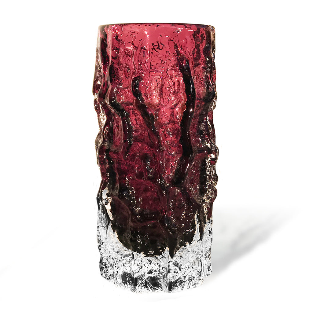 Whitefriars Aubergine "Bark" vase, from the textured range designed by Geoffrey Baxter - SHOP NOW - www.intovintage.co.uk