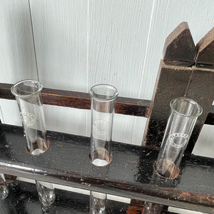 An Edwardian Test Tube Rack with seven Pyrex test tubes. Nicely constructed with a cool look. Ideal for small sprigs of flowers - SHOP NOW - www.intovintage.co.uk