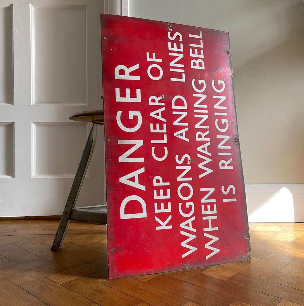 A vintage Enamel Railway Warning Sign. Finished in a popping red colour and in fantastic condition - SHOP NOW - www.intovintage.co.uk