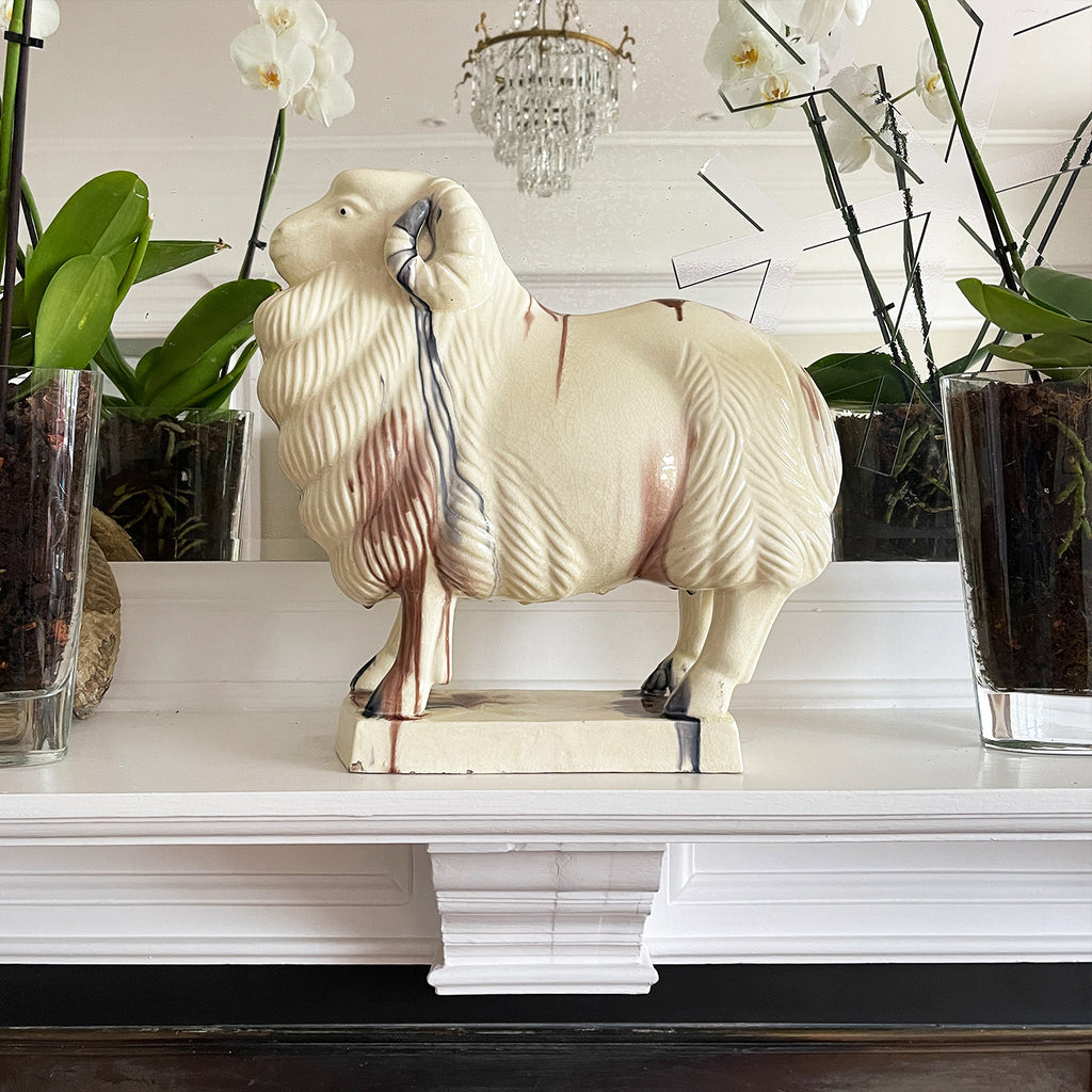 A magnificent, well-modelled Ceramic Glazed Ram with a crackle glaze finish and dribbled colours. He is stamped on his base with a Chinese mark and is of hollow construction. He makes a wonderful striking decorative piece - SHOP NOW - www.intovintage.co.uk