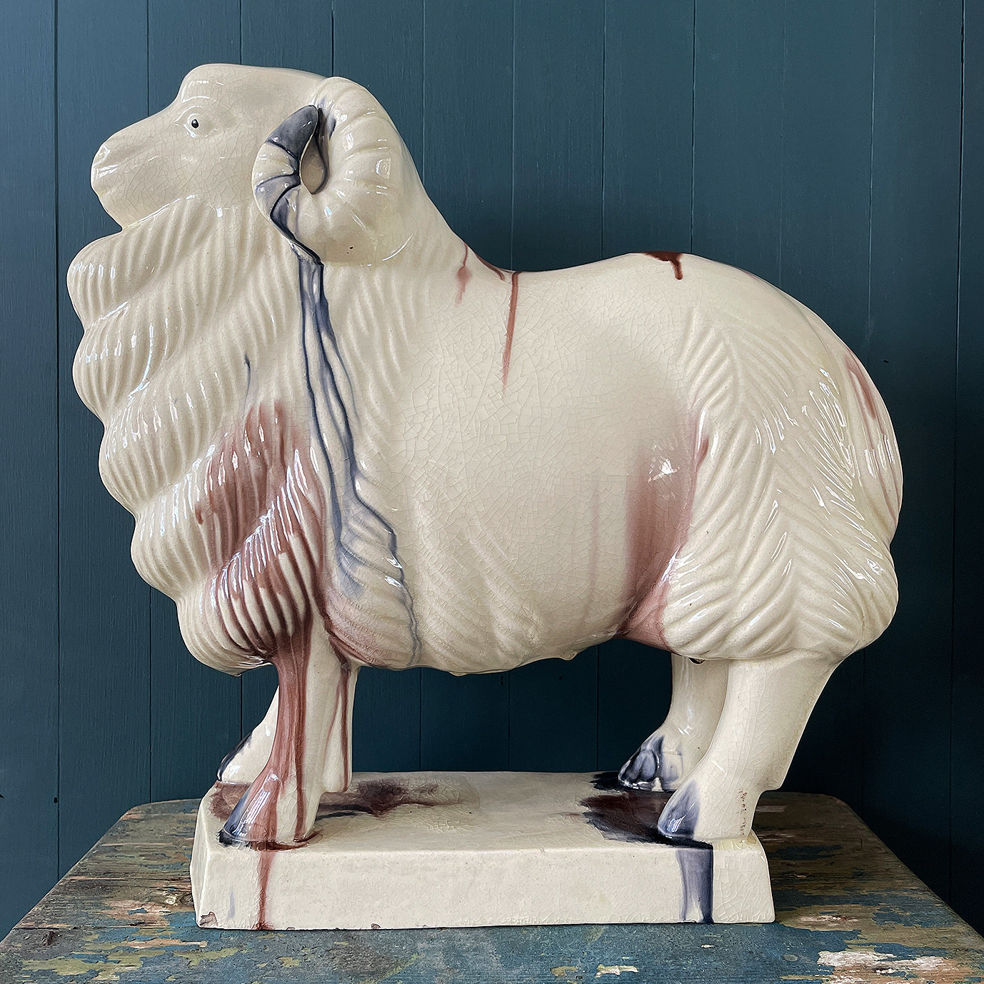 A magnificent, well-modelled Ceramic Glazed Ram with a crackle glaze finish and dribbled colours. He is stamped on his base with a Chinese mark and is of hollow construction. He makes a wonderful striking decorative piece - SHOP NOW - www.intovintage.co.uk
