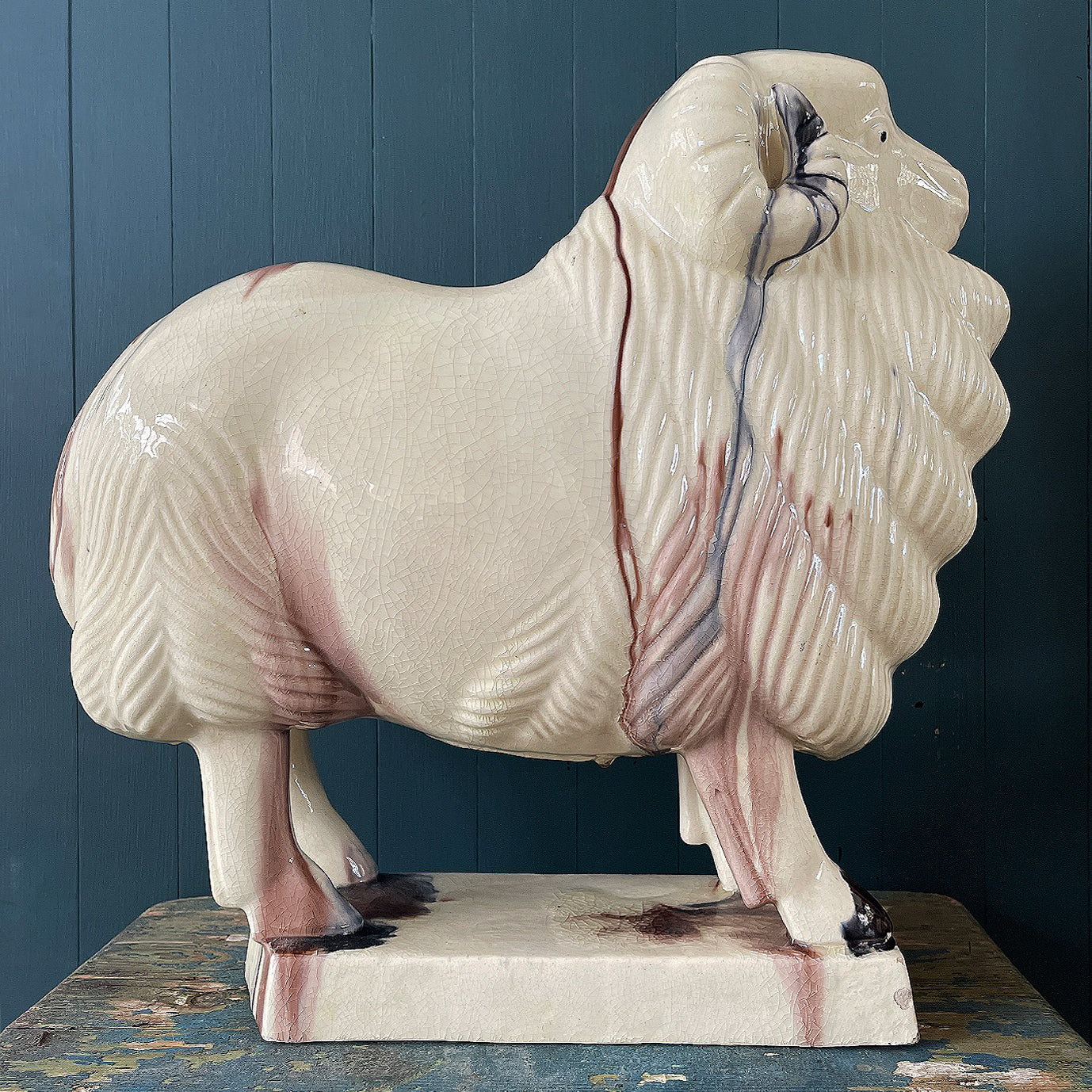 A magnificent, well-modelled Ceramic Glazed Ram with a crackle glaze finish and dribbled colours. He is stamped on his base with a Chinese mark and is of hollow construction. He makes a wonderful striking decorative piece - SHOP NOW - www.intovintage.co.uk