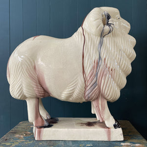 A magnificent, well-modelled Ceramic Glazed Ram with a crackle glaze finish and dribbled colours. He is stamped on his base with a Chinese mark and is of hollow construction. He makes a wonderful striking decorative piece - SHOP NOW - www.intovintage.co.uk