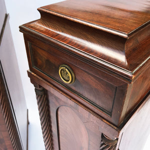 An excellent pair of Regency cabinets with lovely detailing. Curved shaped tops hold drawers with round brass handles with embossed Prince of Wales feather emblems - SHOP NOW - www.intovintage.co.uk