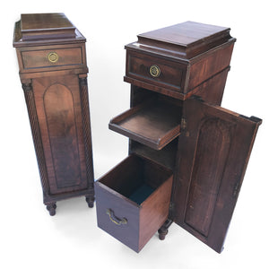 An excellent pair of Regency cabinets with lovely detailing. Curved shaped tops hold drawers with round brass handles with embossed Prince of Wales feather emblems - SHOP NOW - www.intovintage.co.uk