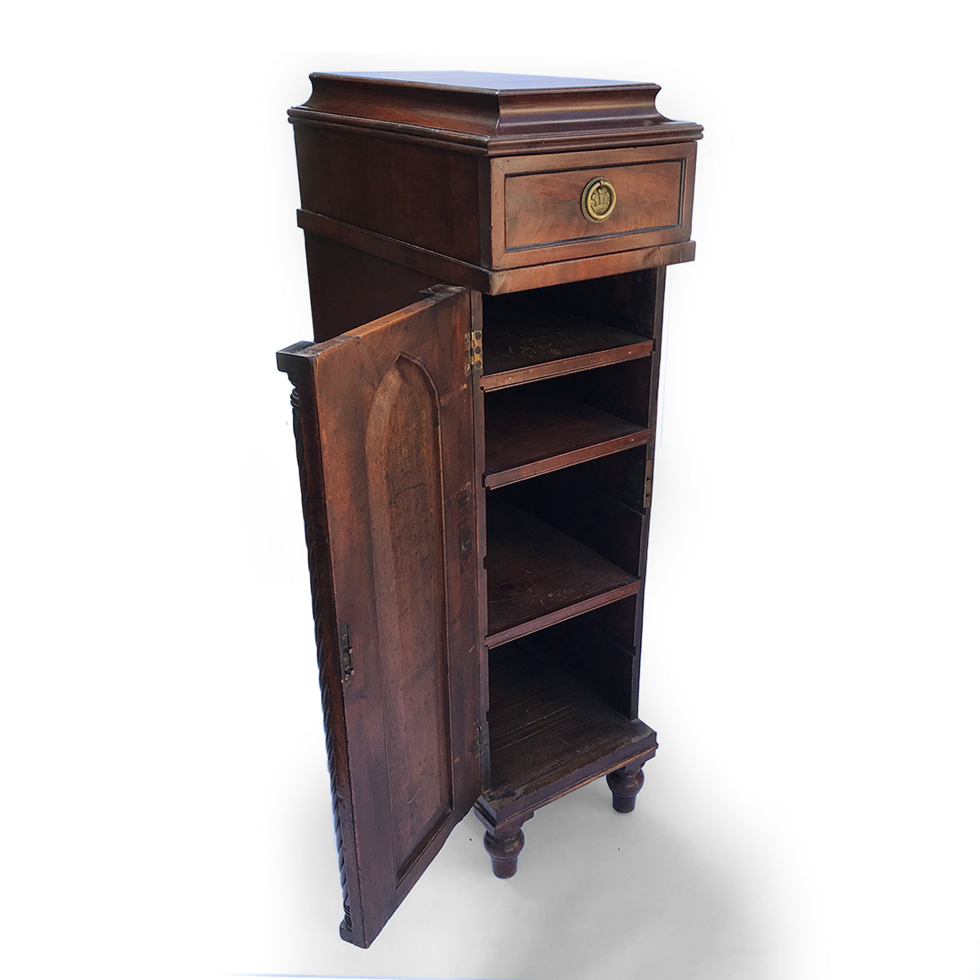 An excellent pair of Regency cabinets with lovely detailing. Curved shaped tops hold drawers with round brass handles with embossed Prince of Wales feather emblems - SHOP NOW - www.intovintage.co.uk