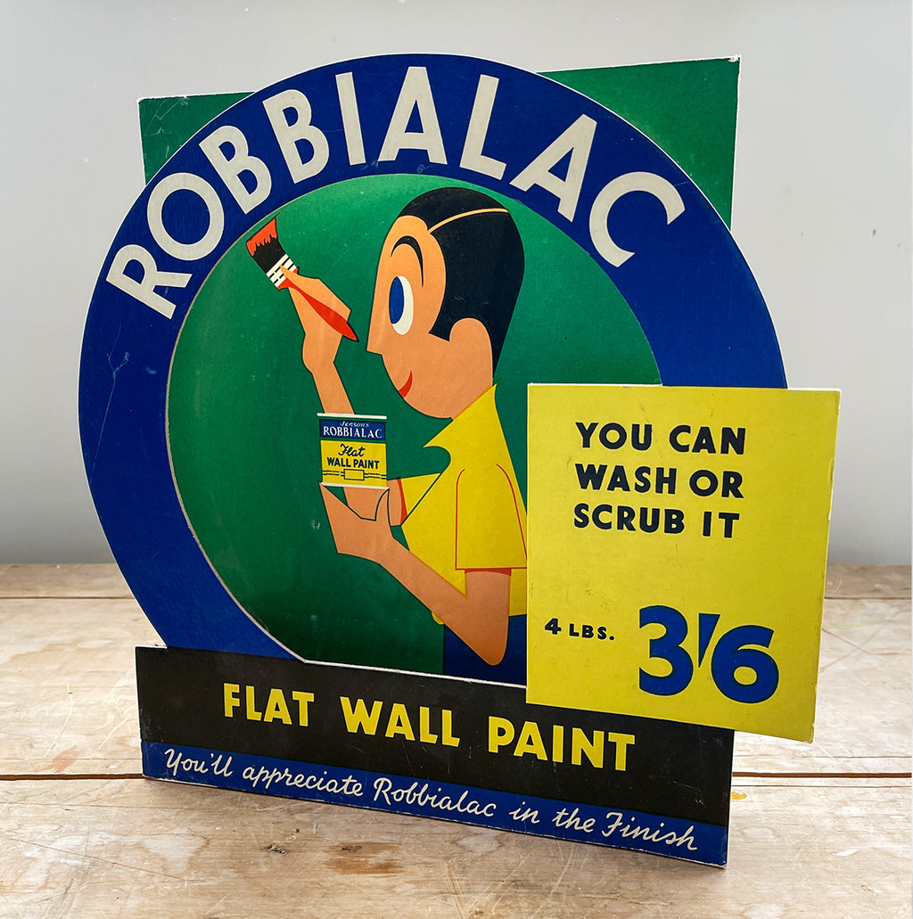 A very rare Robbialac Shop Display for flat wall paint. Constructed from two card sections. The die-cut front swings forward to frame the backboard giving the display a three dimensional look. Fantastic illustration and typography still with super fresh colours - SHOP NOW - www.intovintage.co.uk