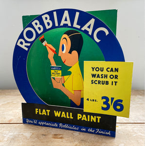 A very rare Robbialac Shop Display for flat wall paint. Constructed from two card sections. The die-cut front swings forward to frame the backboard giving the display a three dimensional look. Fantastic illustration and typography still with super fresh colours - SHOP NOW - www.intovintage.co.uk