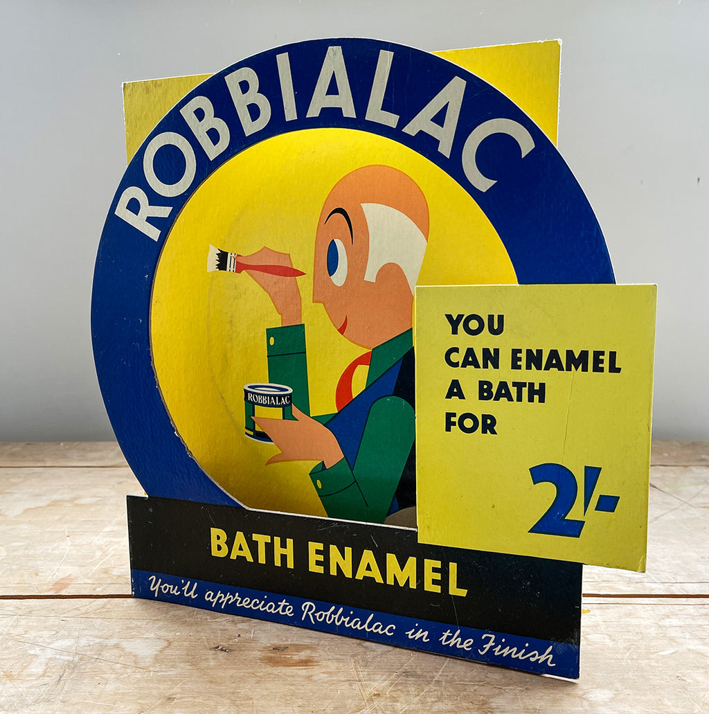 A very rare Robbialac Shop Display for bath enamel paint. Constructed from two card sections. The die-cut front swings forward to frame the backboard giving the display a three dimensional look. Fantastic illustration and typography still with super fresh colours - SHOP NOW - www.intovintage.co.uk