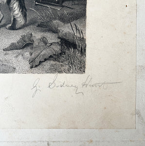 Antique Etching of a very sad dog, loyally standing by his Shepherd masters grave. The print was produced and signed in pencil by G Sidney Hunt with the reverse also been signed 'Shepherds Grave PA 1885'. The print is mounted on to an original canvas - SHOP NOW - www.intovintage.co.uk