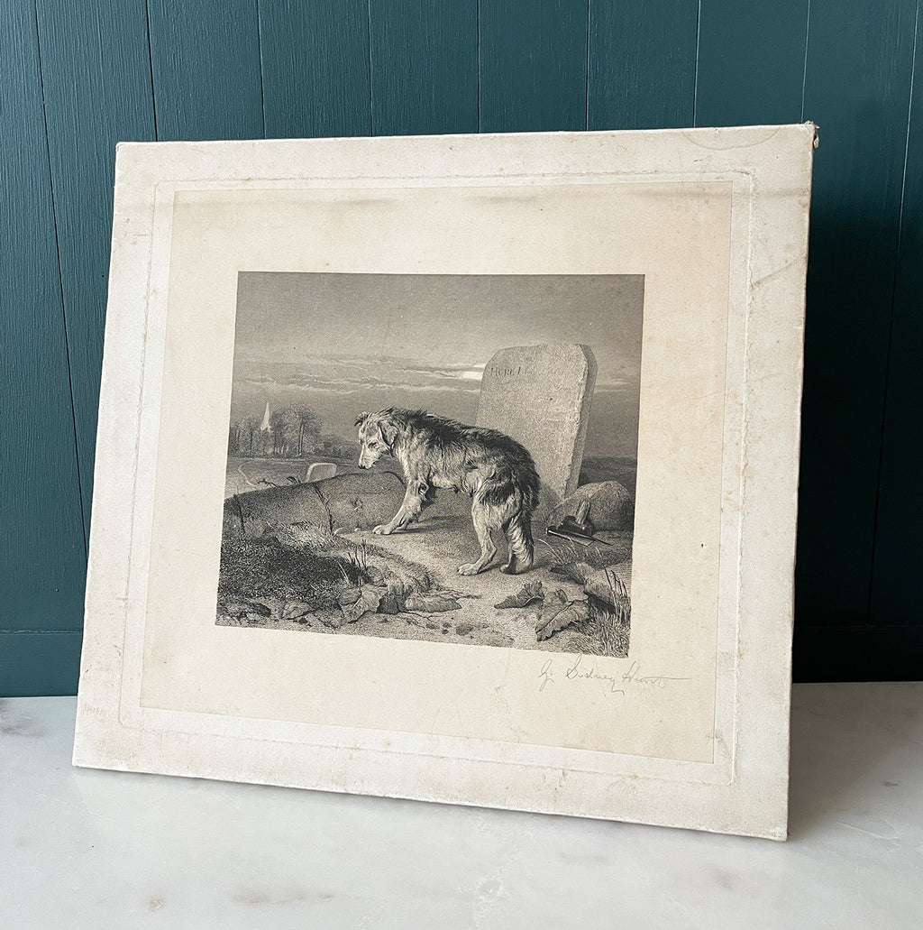 Antique Etching of a very sad dog, loyally standing by his Shepherd masters grave. The print was produced and signed in pencil by G Sidney Hunt with the reverse also been signed 'Shepherds Grave PA 1885'. The print is mounted on to an original canvas - SHOP NOW - www.intovintage.co.uk