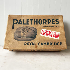 A Vintage Palethorpes Sausage Box in excellent condition. Palethorpe Sausages would have been transported in this sturdy card boxes like this one to their final destinations where they would have been displayed on the counter top. This one has its 'Carriage Paid' stamp still on it - SHOP NOW - www.intovintage.co.uk