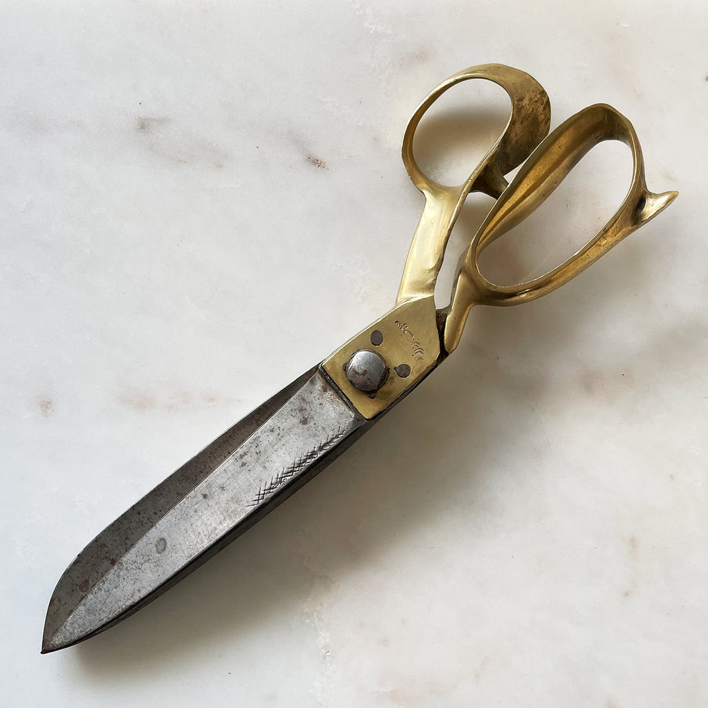 A Large Pair of Vintage Tailors Shears. Brass handles with super sharp steel blades. Marked with an Arabic stamp - SHOP NOW - www.intovintage.co.uk