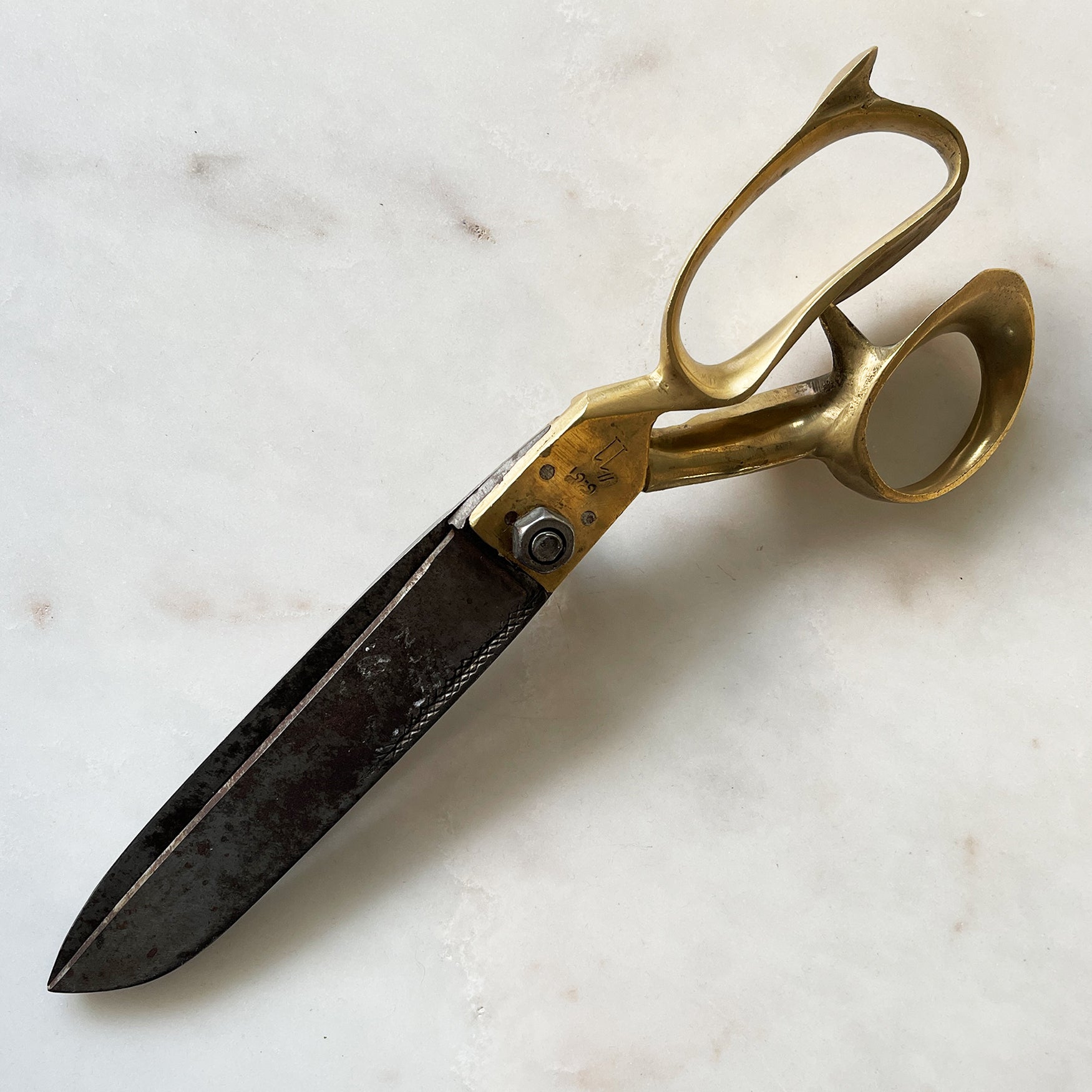 A Large Pair of Vintage Tailors Shears. Brass handles with super sharp steel blades. Marked with an Arabic stamp - SHOP NOW - www.intovintage.co.uk