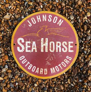 A fantastic 1950s Johnson Outboard Motors Enamel Sign finished In three colours. A winged Sea Horse graphic sits behind the type. A great weathered finish to the enamel surface with two side holes for fixing to the wall. A fantastic sign for any boating enthusiast - SHOP NOW - www.intovintage.co.uk