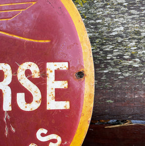 A fantastic 1950s Johnson Outboard Motors Enamel Sign finished In three colours. A winged Sea Horse graphic sits behind the type. A great weathered finish to the enamel surface with two side holes for fixing to the wall. A fantastic sign for any boating enthusiast - SHOP NOW - www.intovintage.co.uk