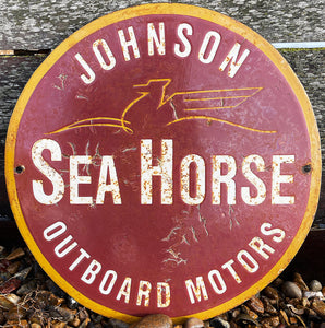 A fantastic 1950s Johnson Outboard Motors Enamel Sign finished In three colours. A winged Sea Horse graphic sits behind the type. A great weathered finish to the enamel surface with two side holes for fixing to the wall. A fantastic sign for any boating enthusiast - SHOP NOW - www.intovintage.co.uk