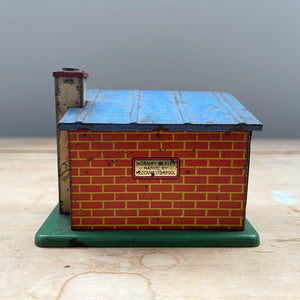 A scarce pre-war Hornby/Meccano O Gauge Tinplate Brink Allotment Shed. Great colours and detail within the print. The Hornby/Meccano mark appears on the reverse - SHOP NOW - www.intovintage.co.uk