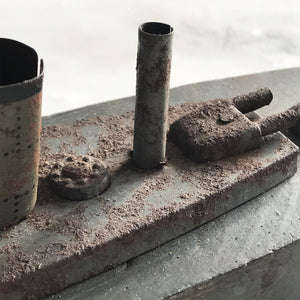 In rust we trust... Stylish old wood and lithographed tin plate battle ship with a great patina. Four gun turrets, three funnels and bridge with tiny sailors at the helm - SHOP NOW - www.intovintage.co.uk