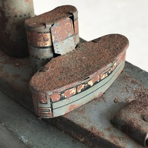 In rust we trust... Stylish old wood and lithographed tin plate battle ship with a great patina. Four gun turrets, three funnels and bridge with tiny sailors at the helm - SHOP NOW - www.intovintage.co.uk