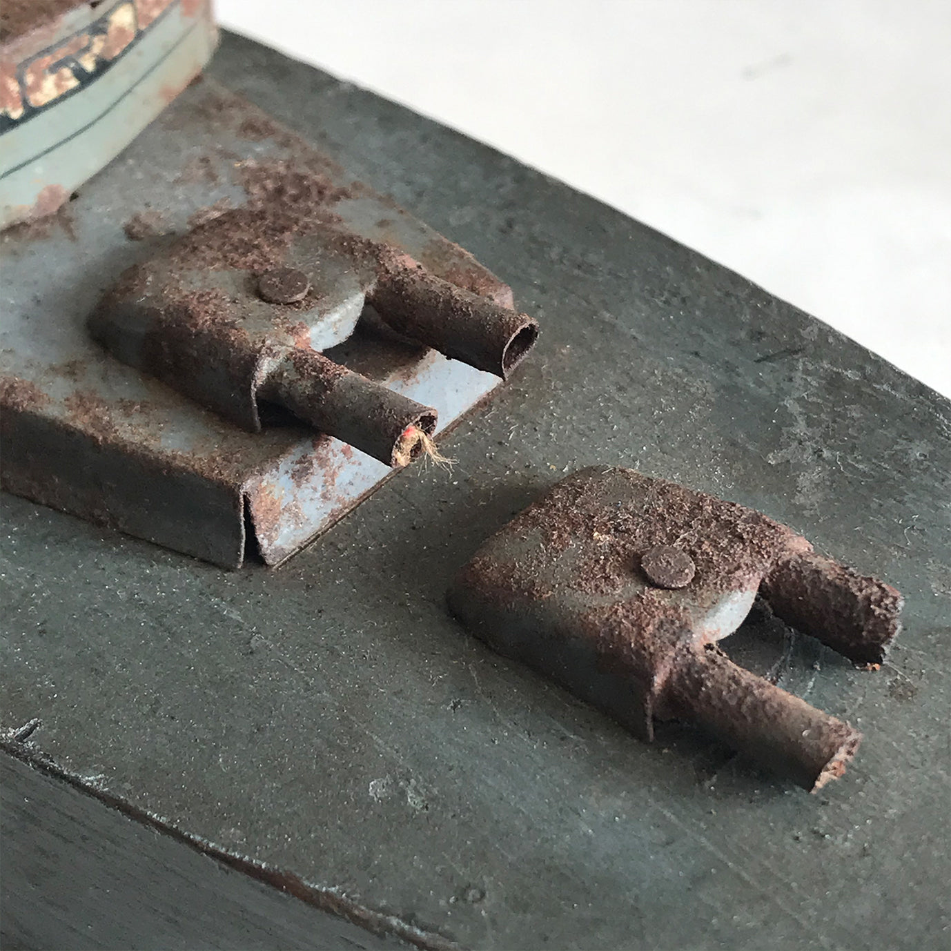 In rust we trust... Stylish old wood and lithographed tin plate battle ship with a great patina. Four gun turrets, three funnels and bridge with tiny sailors at the helm - SHOP NOW - www.intovintage.co.uk