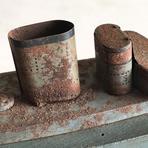 In rust we trust... Stylish old wood and lithographed tin plate battle ship with a great patina. Four gun turrets, three funnels and bridge with tiny sailors at the helm - SHOP NOW - www.intovintage.co.uk