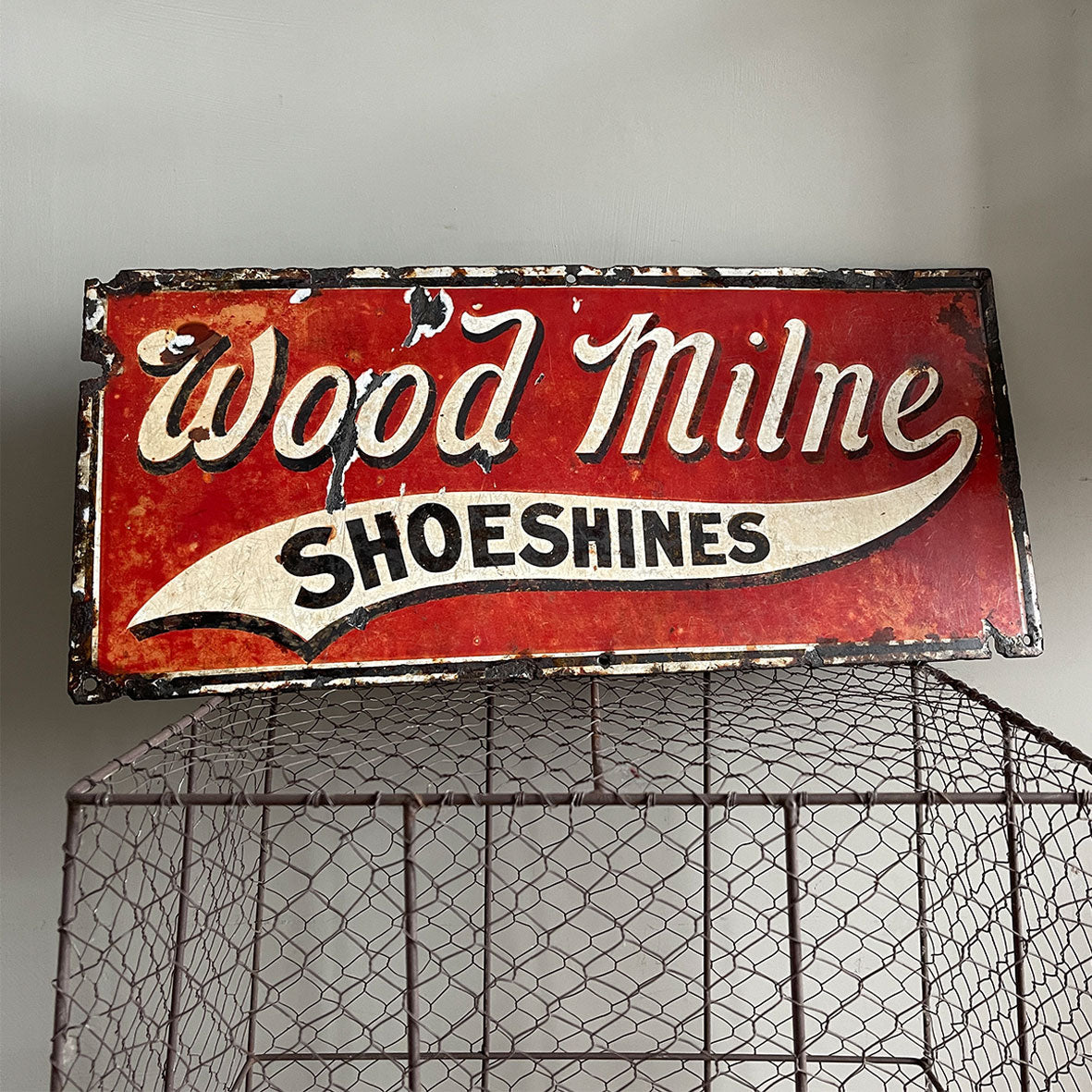 A Vintage Enamel Wood Milne Shoeshines Sign. Finished in a popping red colour and in fantastic condition - SHOP NOW - www.intovintage.co.uk