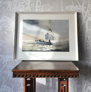 Beautiful original watercolour by FRSA member 'Sydney Vale' depicting a rowing boat and steam liner