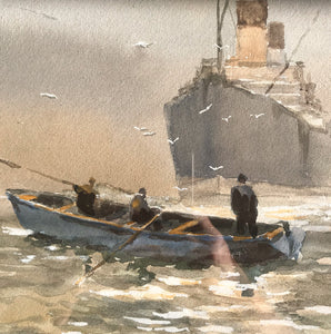 Beautiful original watercolour by FRSA member 'Sydney Vale' depicting a rowing boat and steam liner