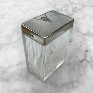 1935 Art Deco English hallmarked solid silver and cut glass rectangular dressing table or soap jar by William Neale of Birmingham.Superior quality with large heavy weight engraved Art Deco motif silver top with a gilt interior - SHOP NOW - www.intovintage.co.uk
